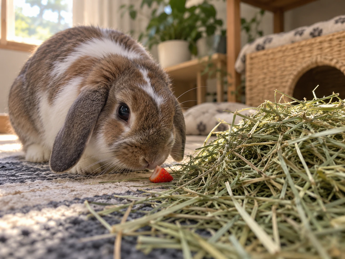 Rabbit sniffing a small strawberry piece beside a pile of hay