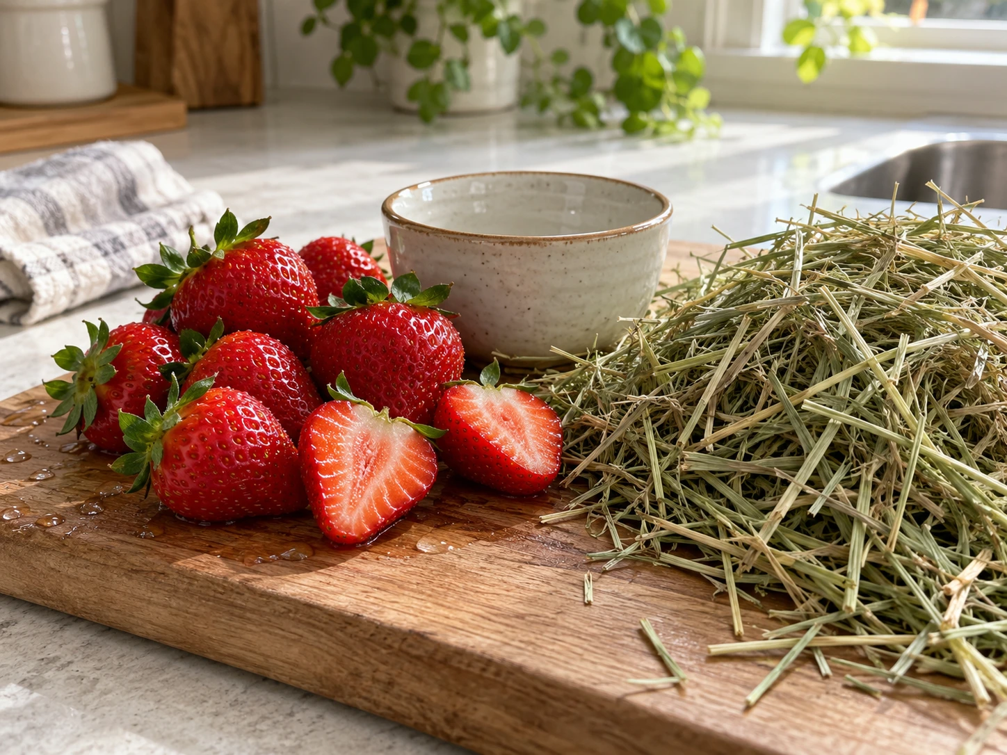 Fresh washed strawberries being prepared beside rabbit hay and a small dish