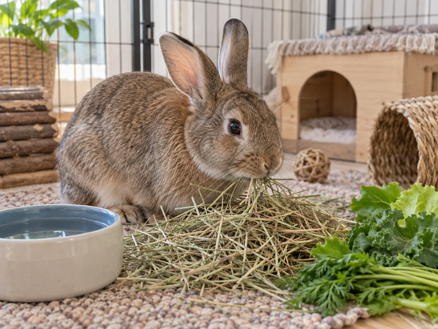 Healthy rabbit eating hay in a clean indoor living area