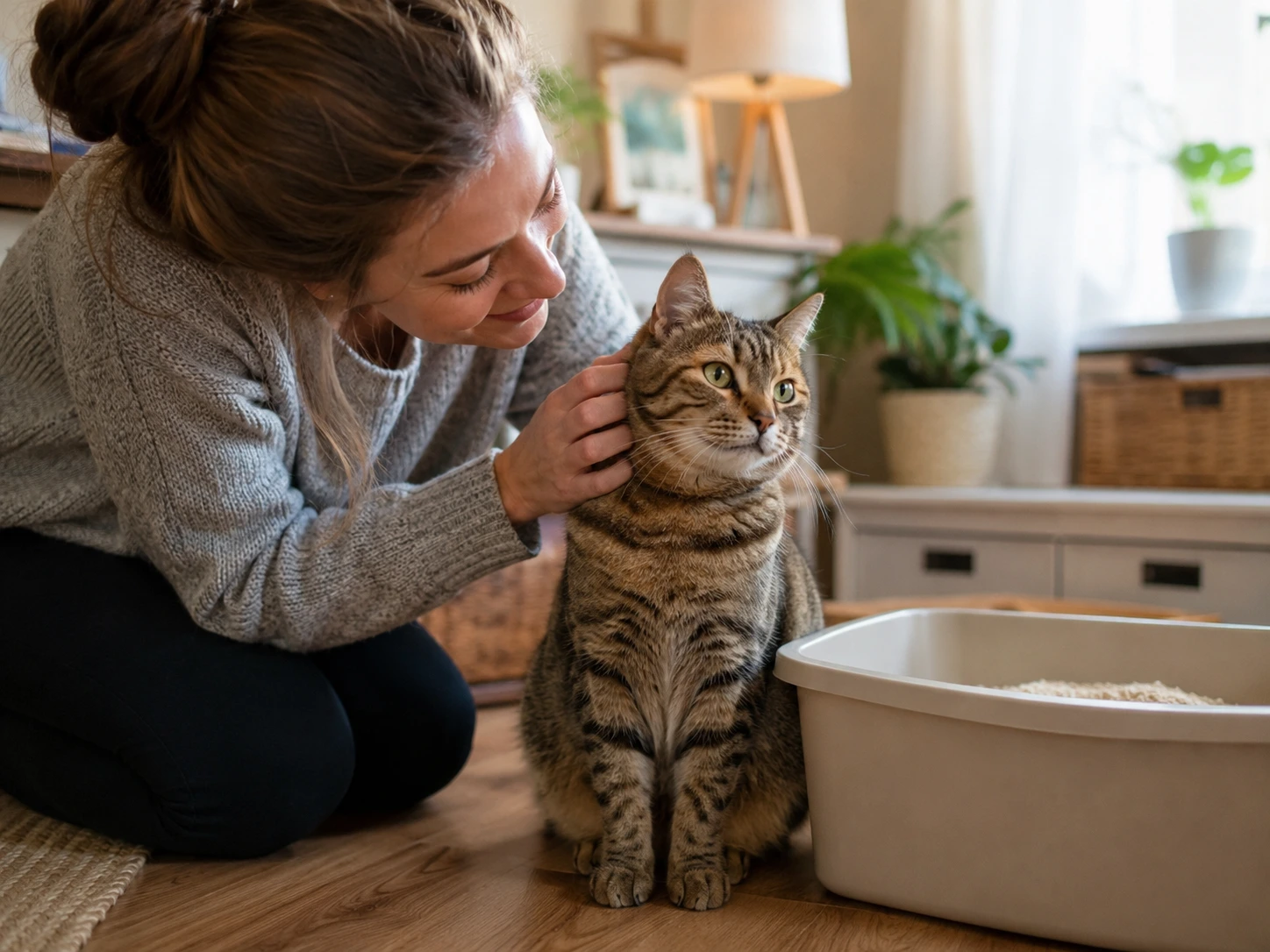 A concerned cat owner gently petting their cat, who is looking thoughtfully at a clean litter box.