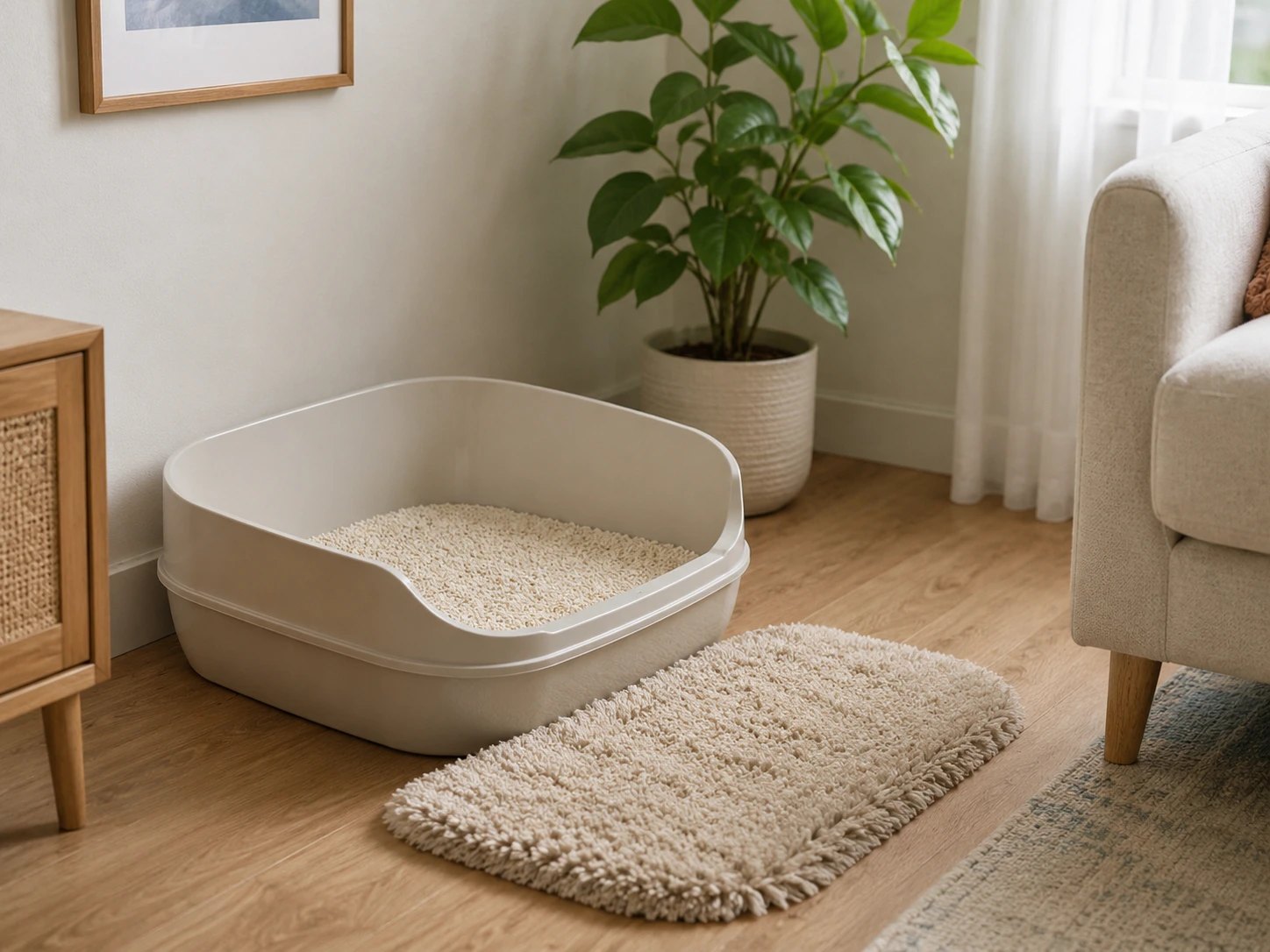 A spacious, clean, and well-placed open-top litter box.