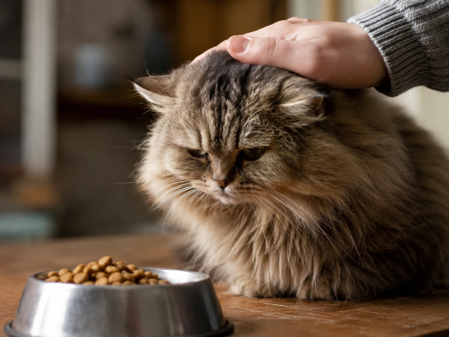 A concerned owner gently stroking a cat that is looking away from its food bowl, emphasizing worry and potential illness.