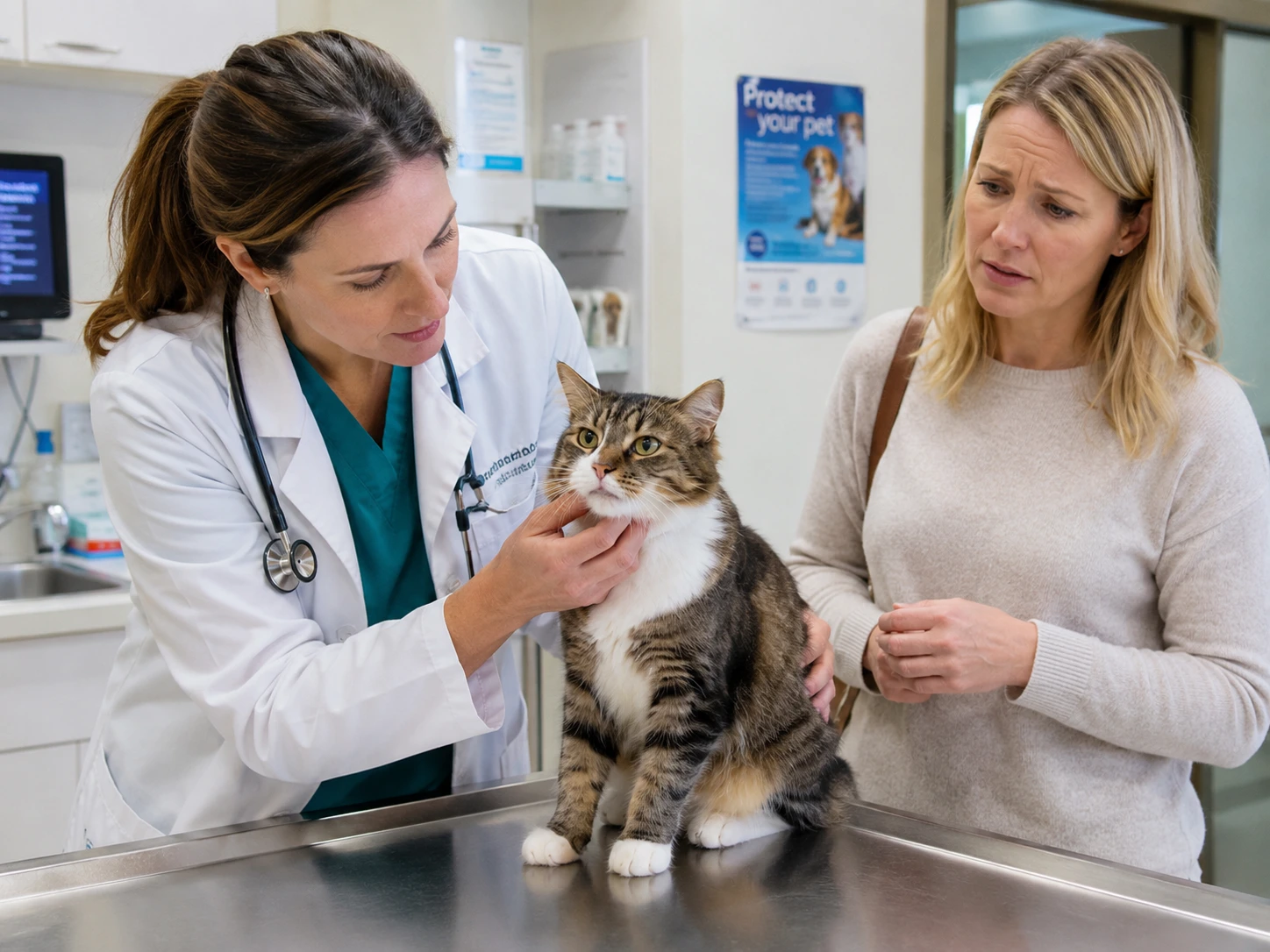 A veterinarian examining a cat while a worried owner looks on, highlighting the importance of professional medical attention.