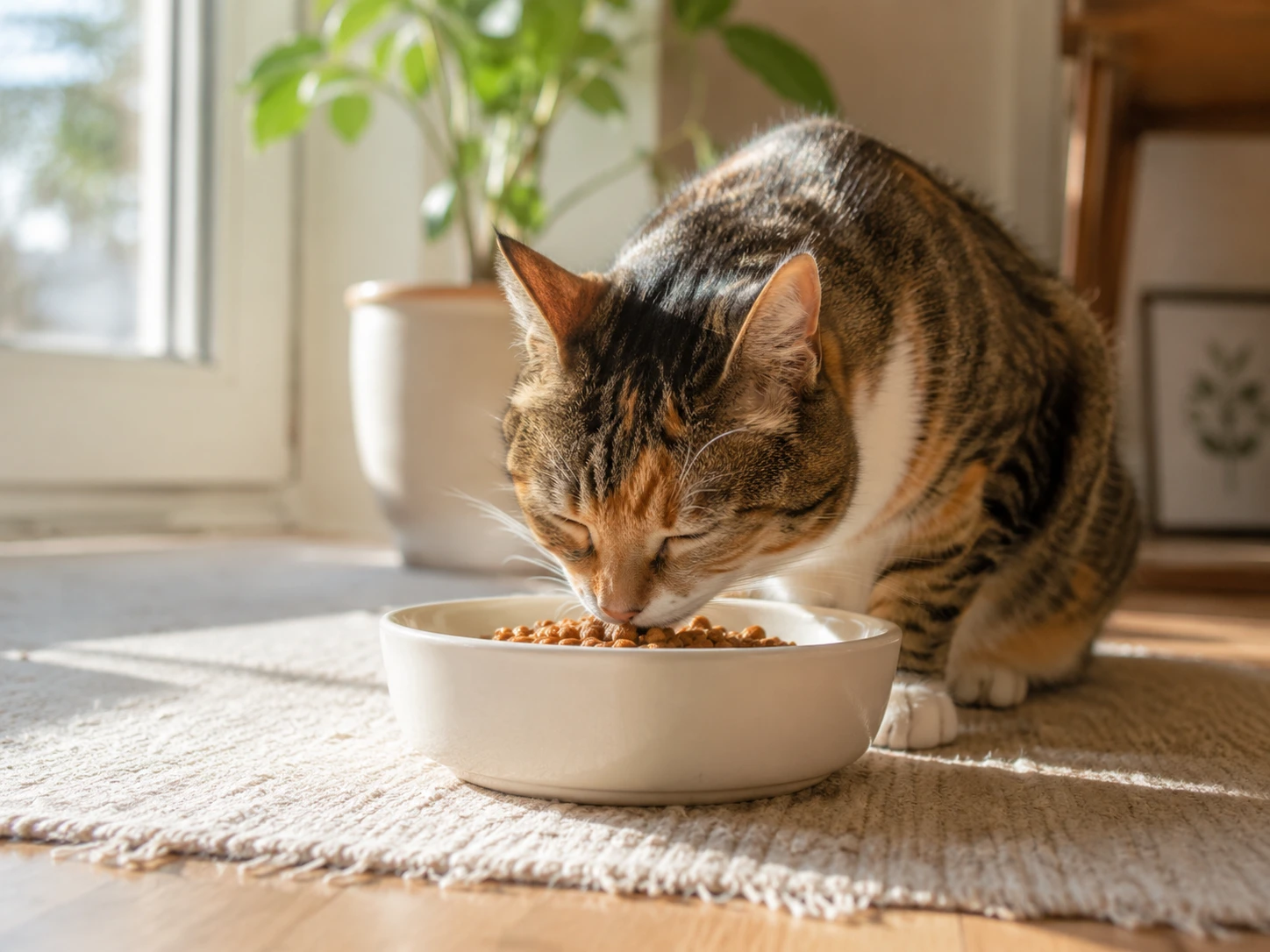 A content cat eating from a clean bowl in a peaceful environment, illustrating ideal feeding conditions.