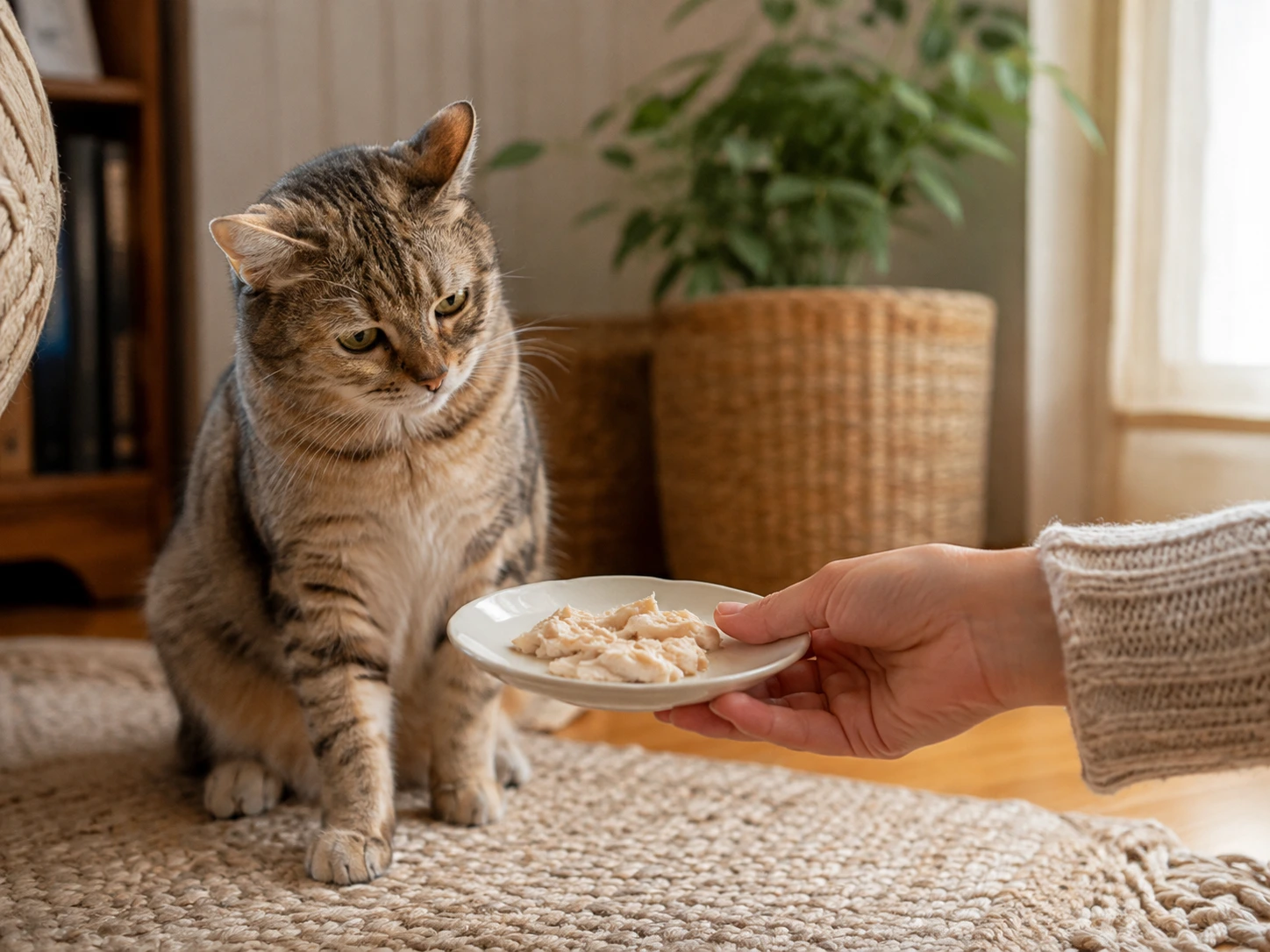 A human hand gently offering plain cooked chicken to a cat that has lost its appetite, showing supportive care.