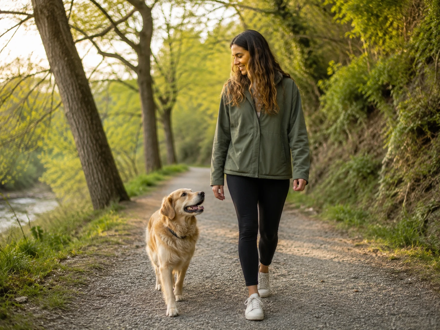 Dog walking calmly outdoors with an owner in a natural park setting