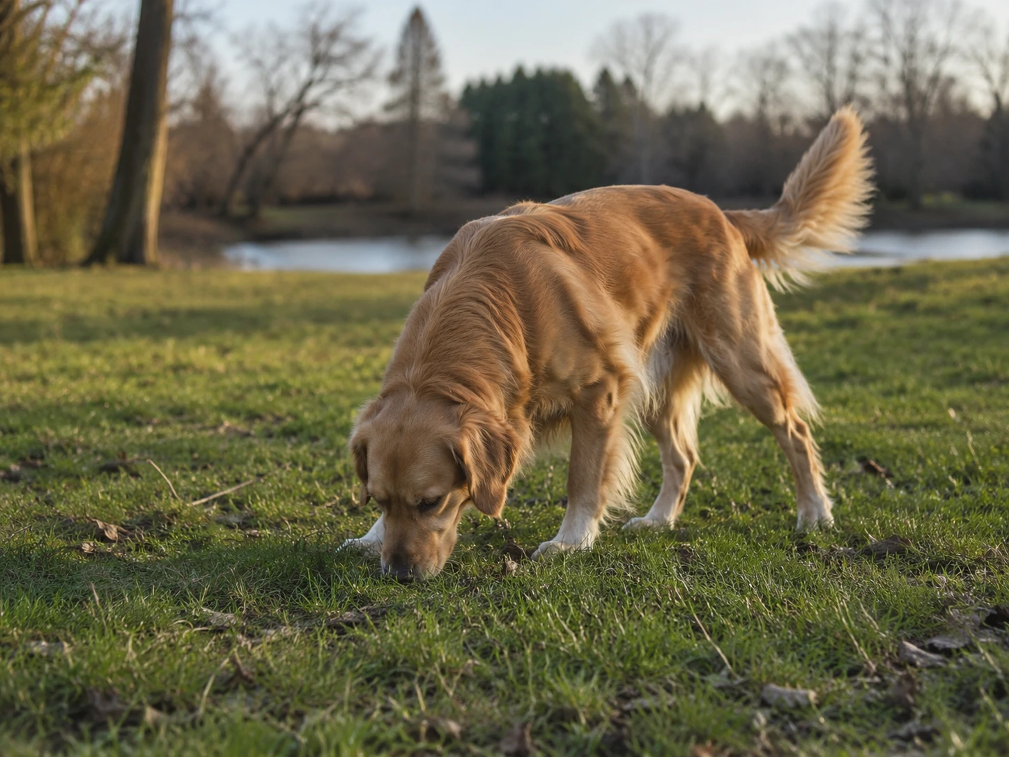 Dog exploring grass during a calm outdoor walk