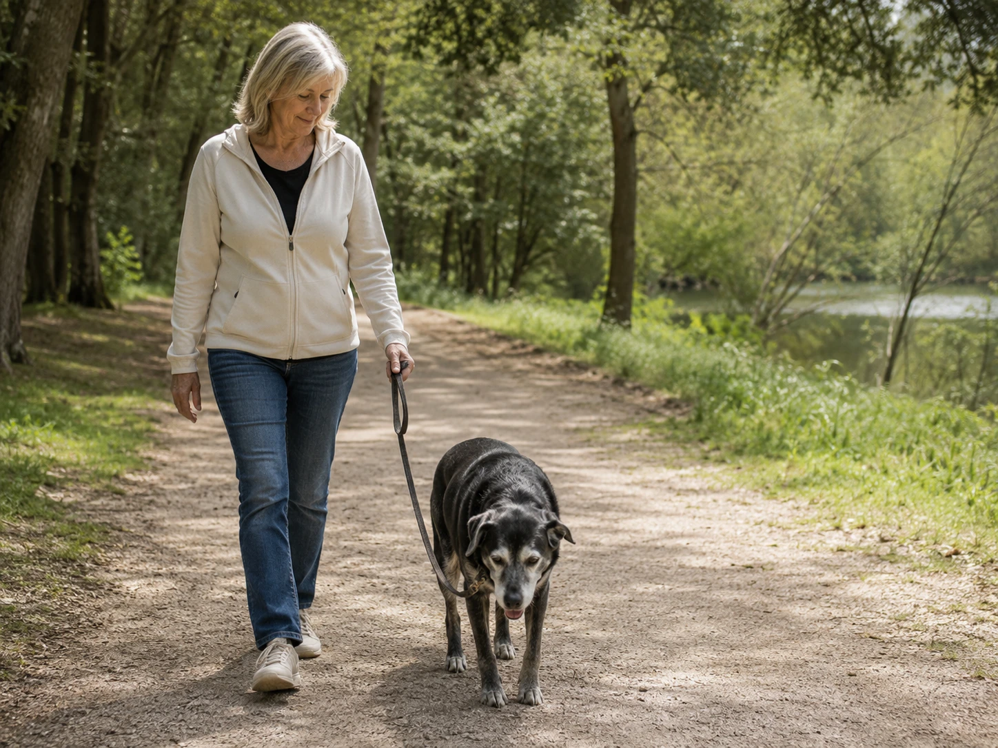 Senior dog enjoying a gentle walk outdoors