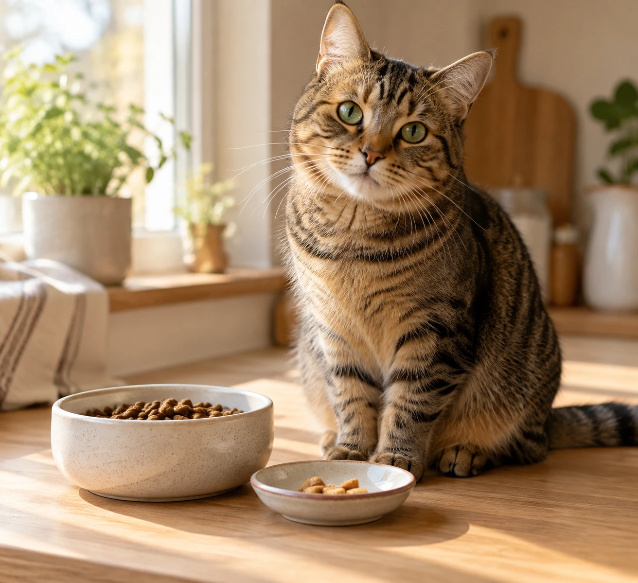 A domestic tabby cat enjoying a small cat treat beside its regular food bowl in a bright, comfortable home.
