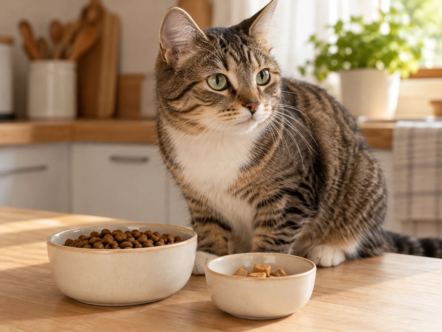 A cat sitting beside a small portion of treats and its regular food.