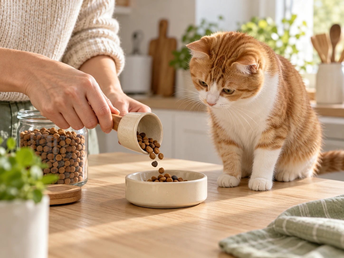 A small measured portion of cat treats being prepared while a ginger cat watches.