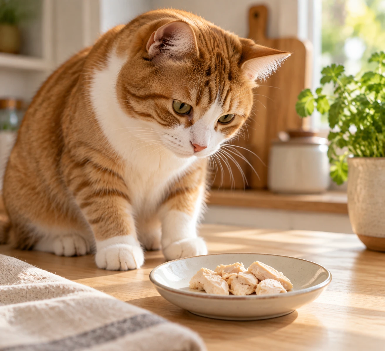 Small pieces of plain cooked chicken prepared as occasional cat treats.