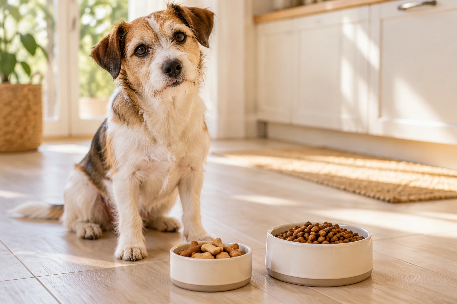 A small mixed breed dog sitting beside a bowl of measured dog treats and its regular food in a bright home kitchen.