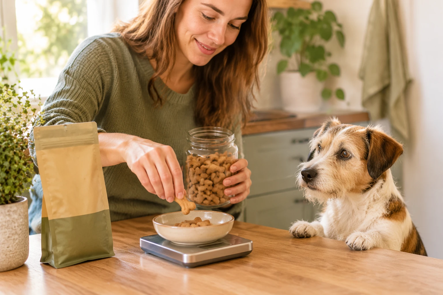 A dog owner measuring a small portion of biscuits while a dog waits beside the kitchen counter.