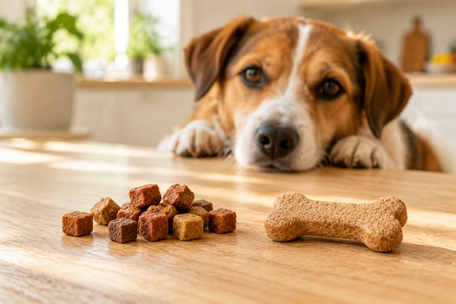 Small training rewards and a larger dog biscuit arranged beside a dog in a home kitchen.