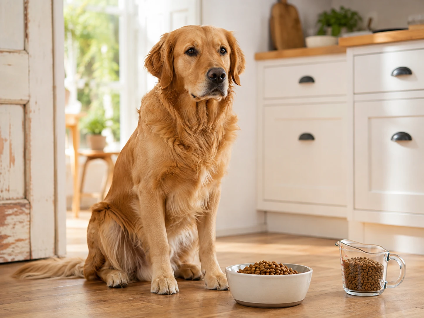 Healthy adult dog waiting beside a measured bowl of dry food in a bright home kitchen