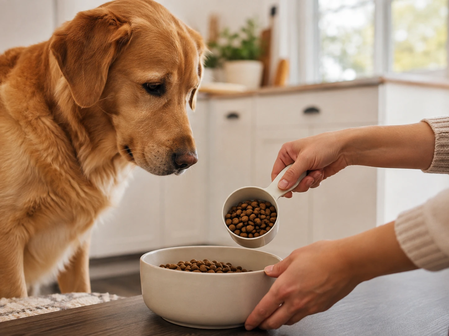 Dog waiting while its daily food portion is measured into a bowl
