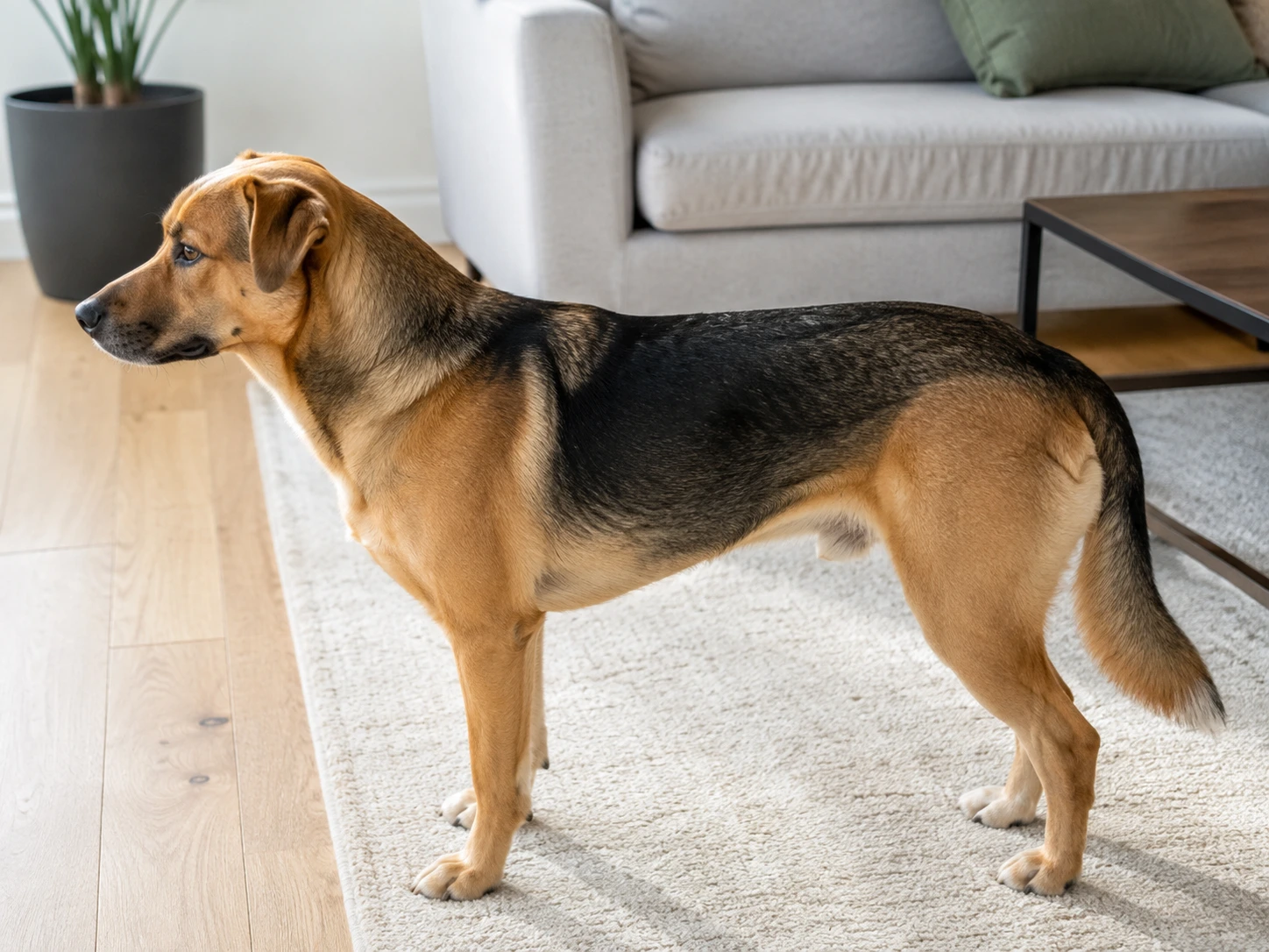 Healthy dog standing naturally so its overall body condition can be observed