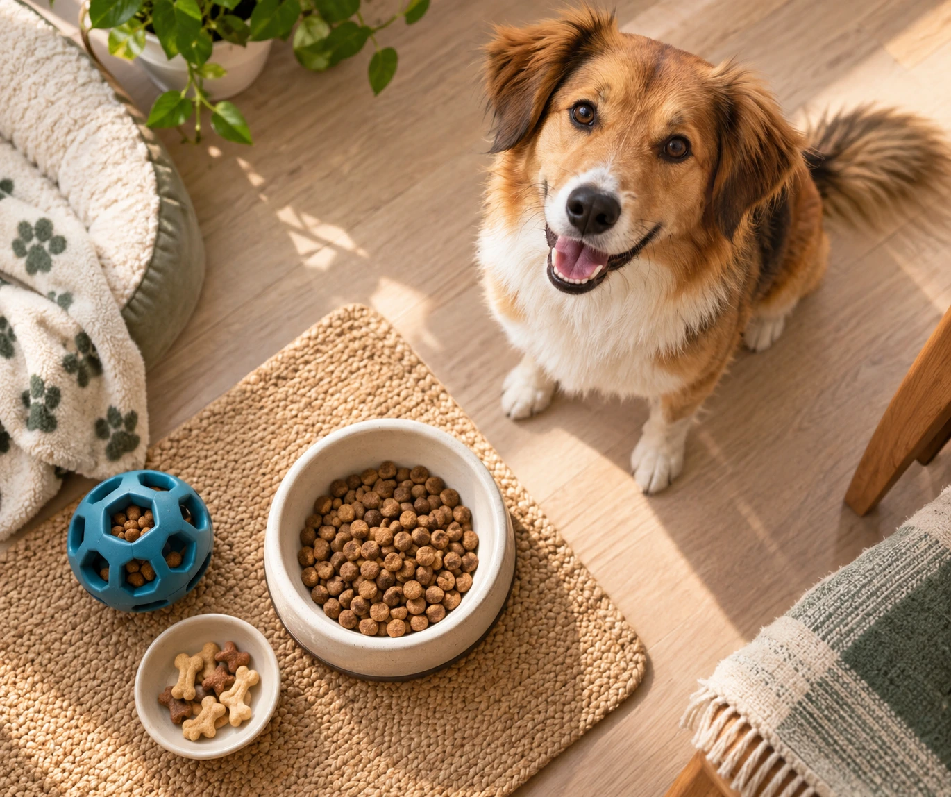Dog meal bowl shown alongside treats and a food enrichment toy