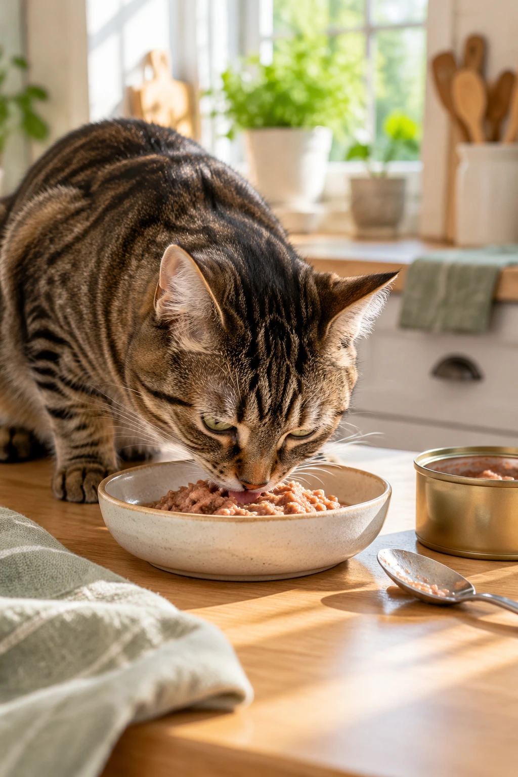 Adult tabby cat eating wet food from a ceramic bowl beside an opened can of cat food.
