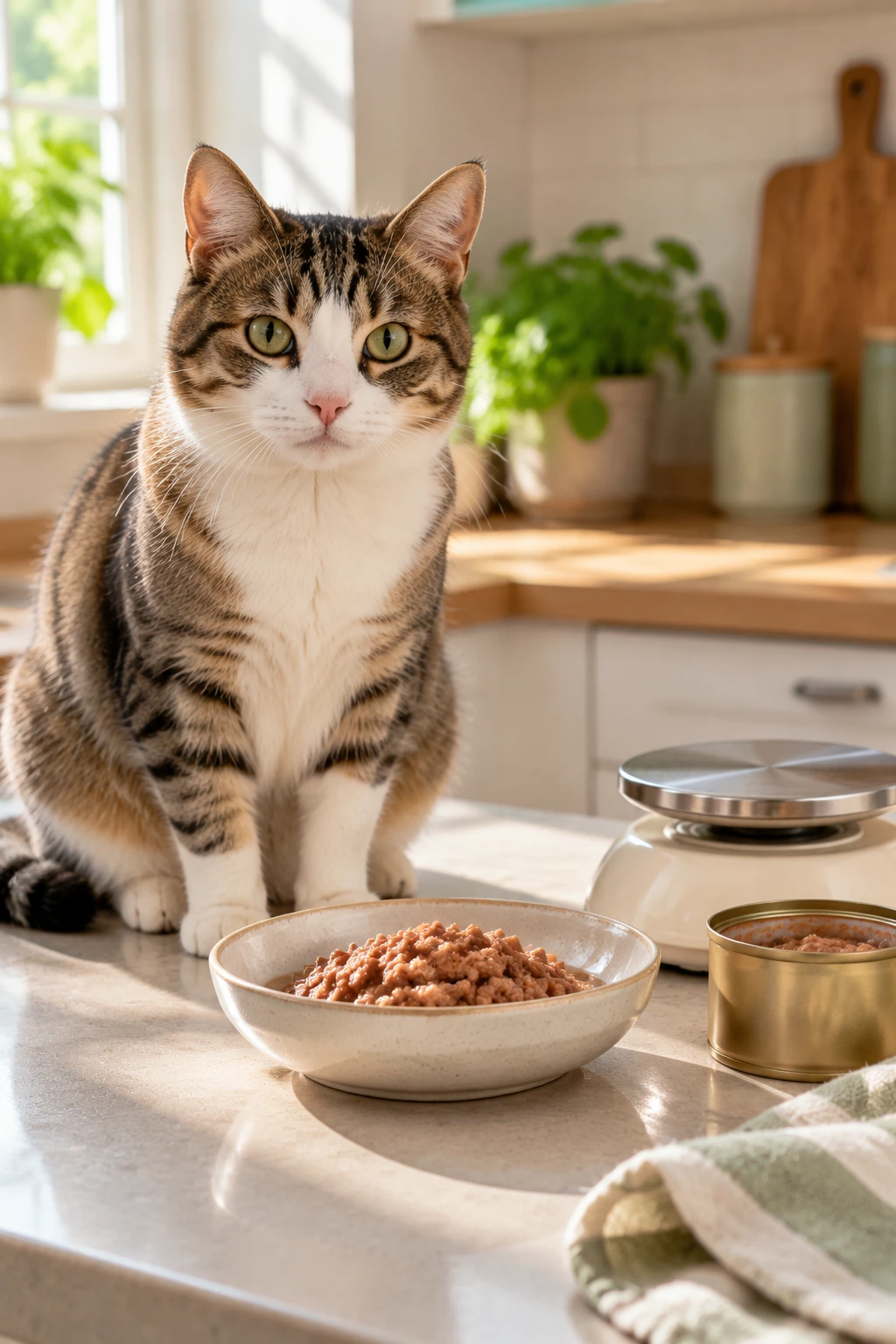 Adult cat beside a portion of wet food and an opened can on a kitchen counter.