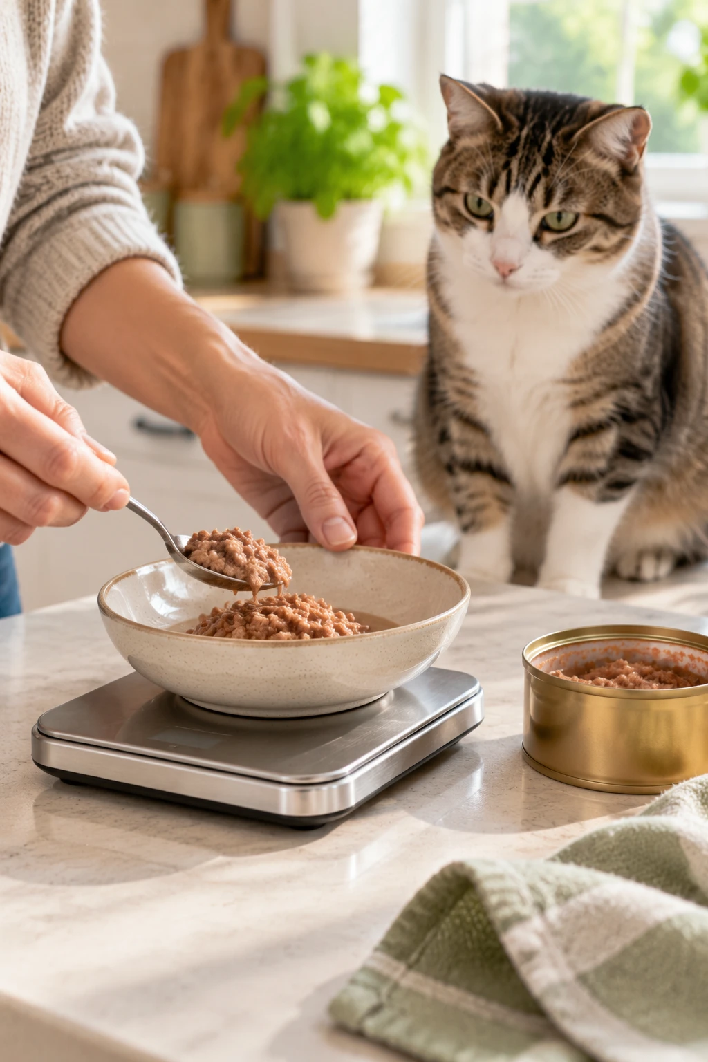A person weighing a serving of wet cat food while a cat waits nearby.