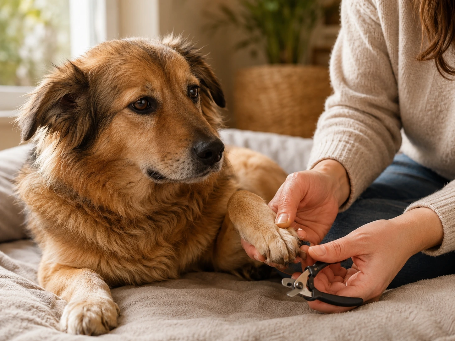 Dog calmly resting a paw near a pair of pet nail clippers during a gentle grooming session
