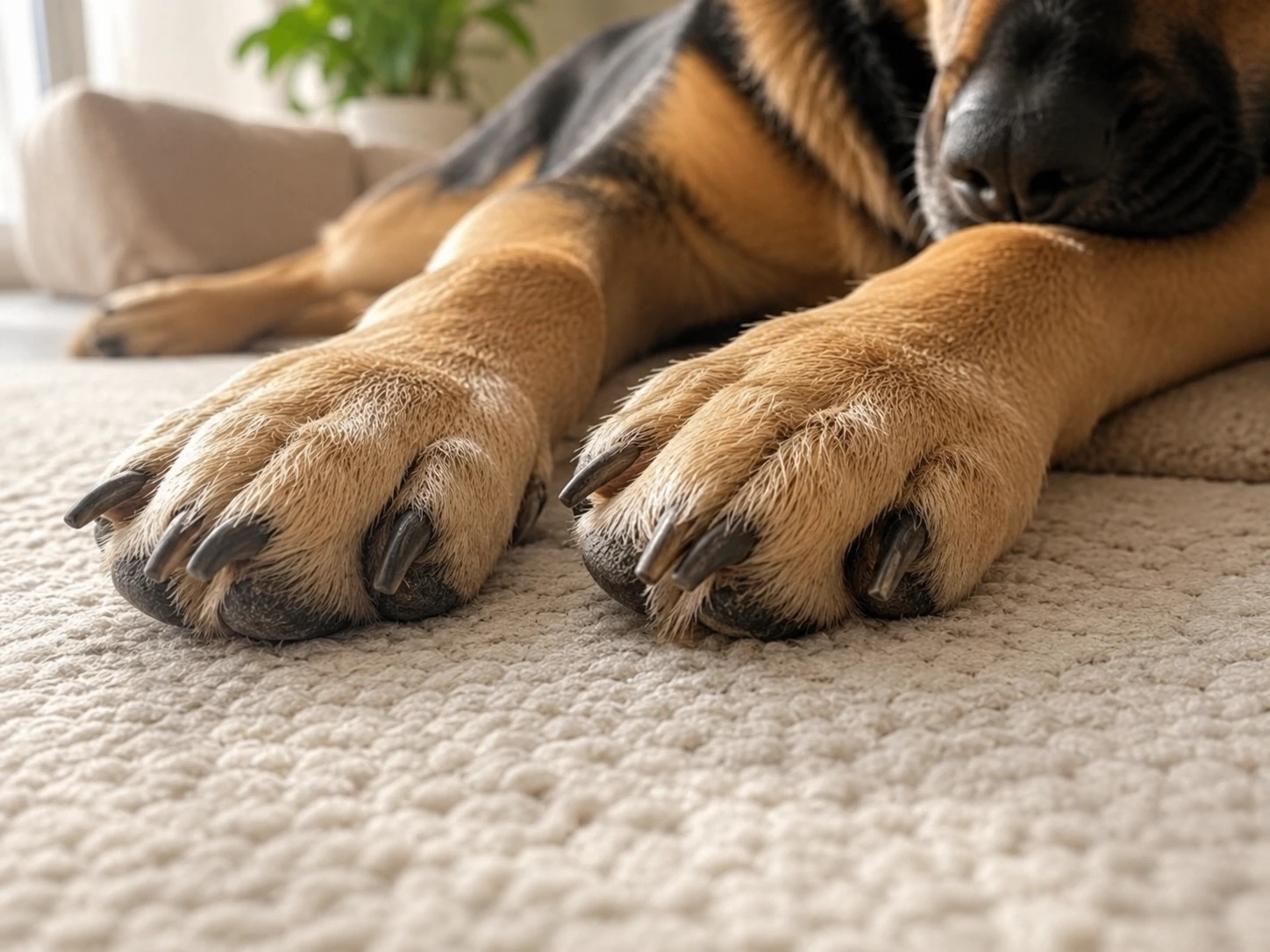Close view of a dog's paws with the nails visible during a routine nail-length check