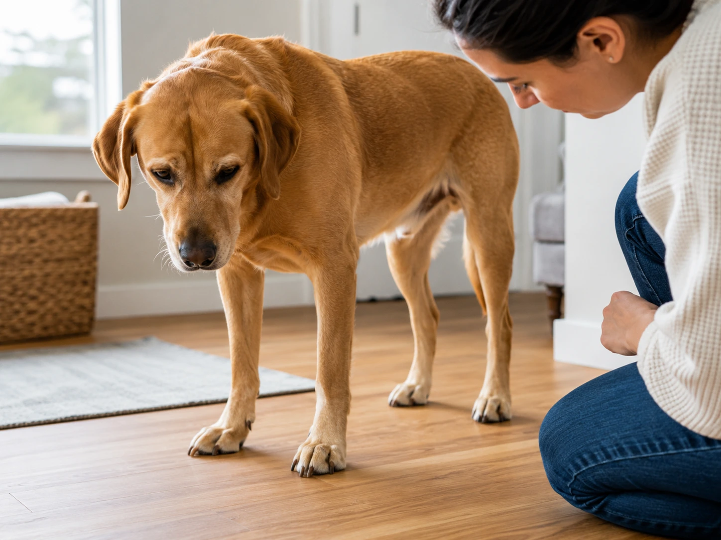 Dog standing on a hard floor while its nail length is checked