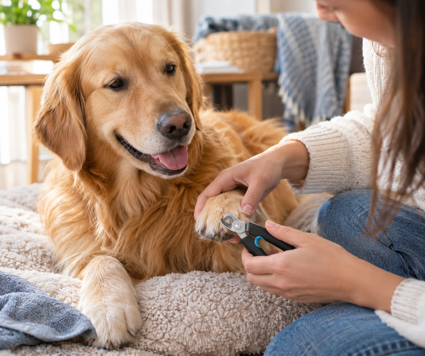 Owner gently trimming a small amount from a calm dog's nail