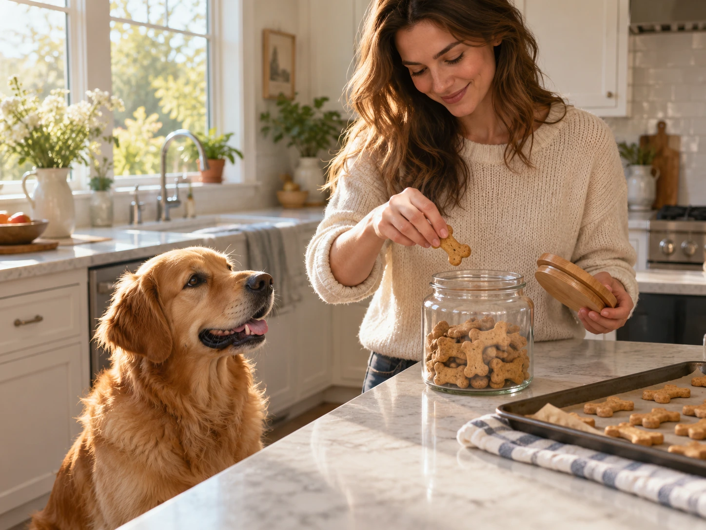 A dog waiting beside a kitchen counter with a sealed container of homemade treats nearby