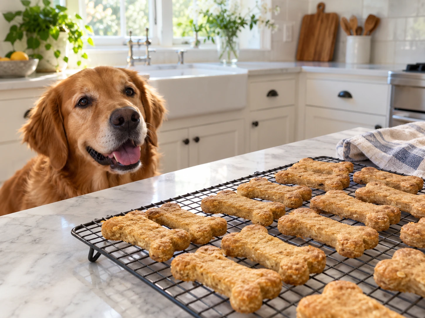 Homemade dog treats cooling on a rack before storage
