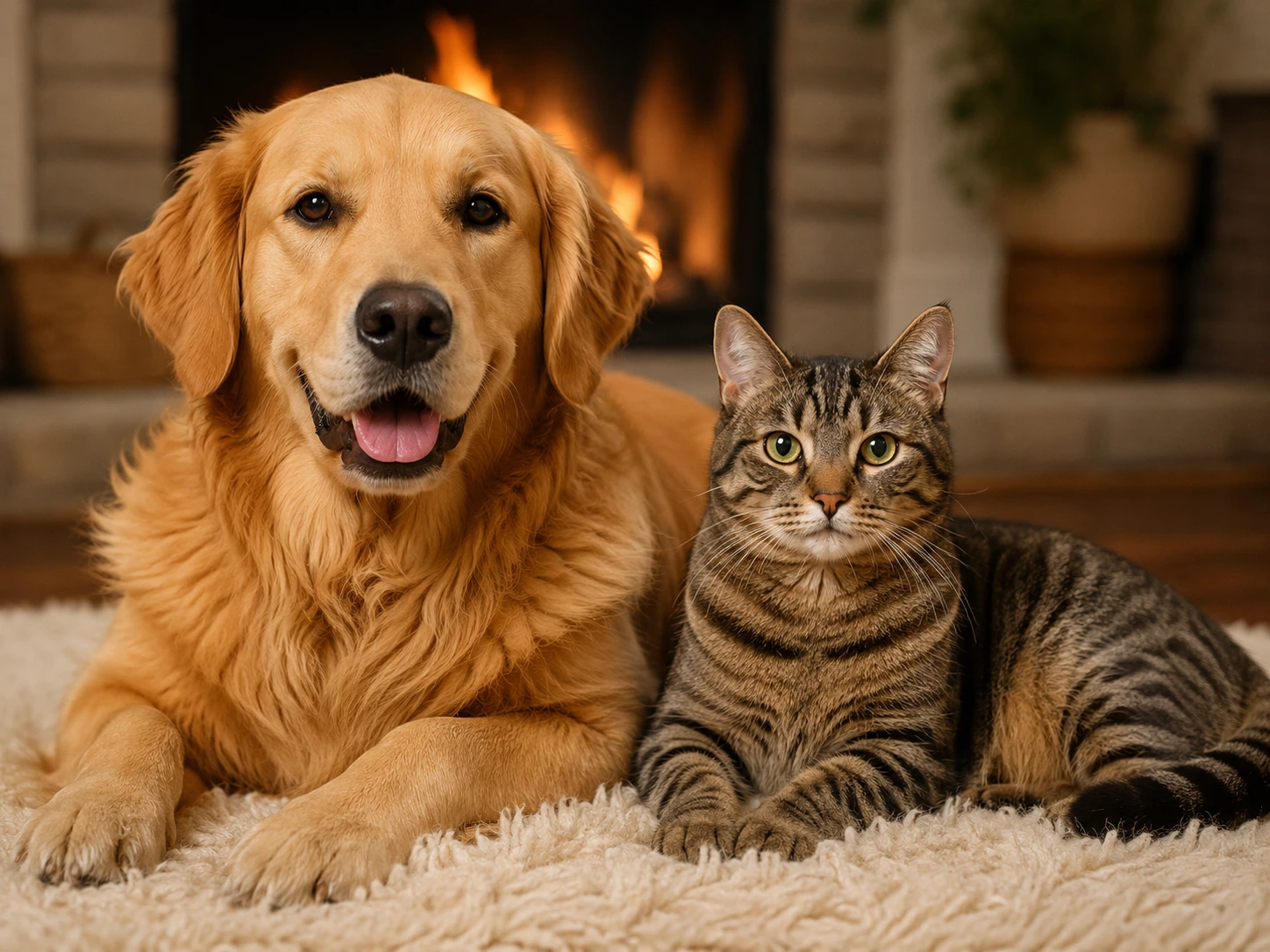 A healthy, happy Golden Retriever and a sleek, contented tabby cat sitting together on a soft rug.