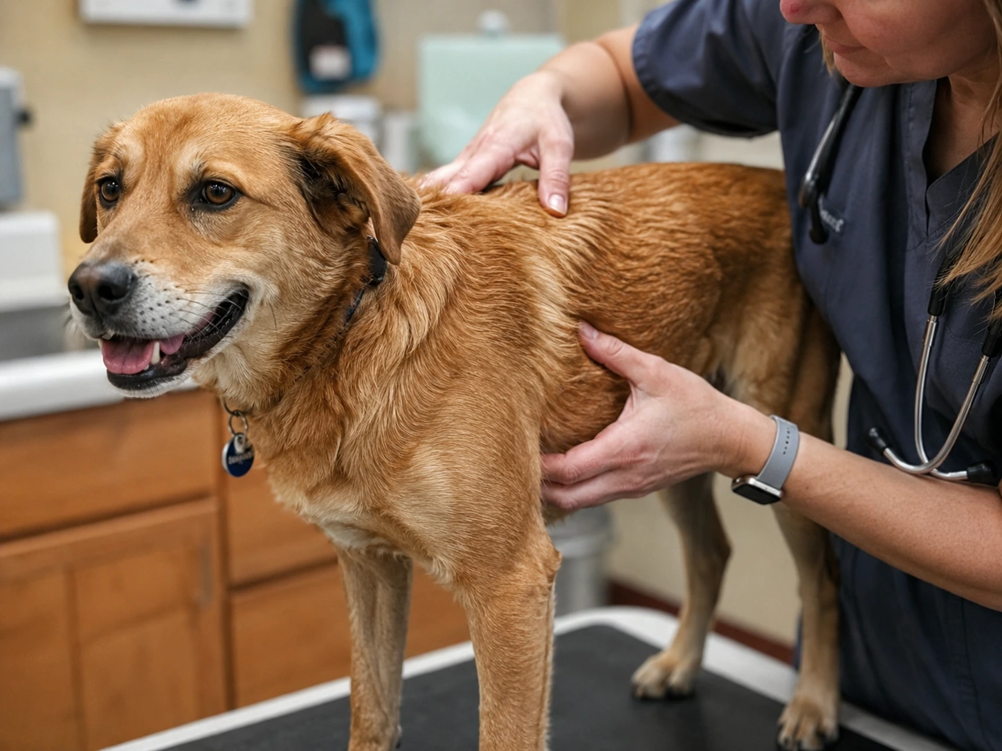 Veterinarian feeling a dog's ribs to assess its body condition score.