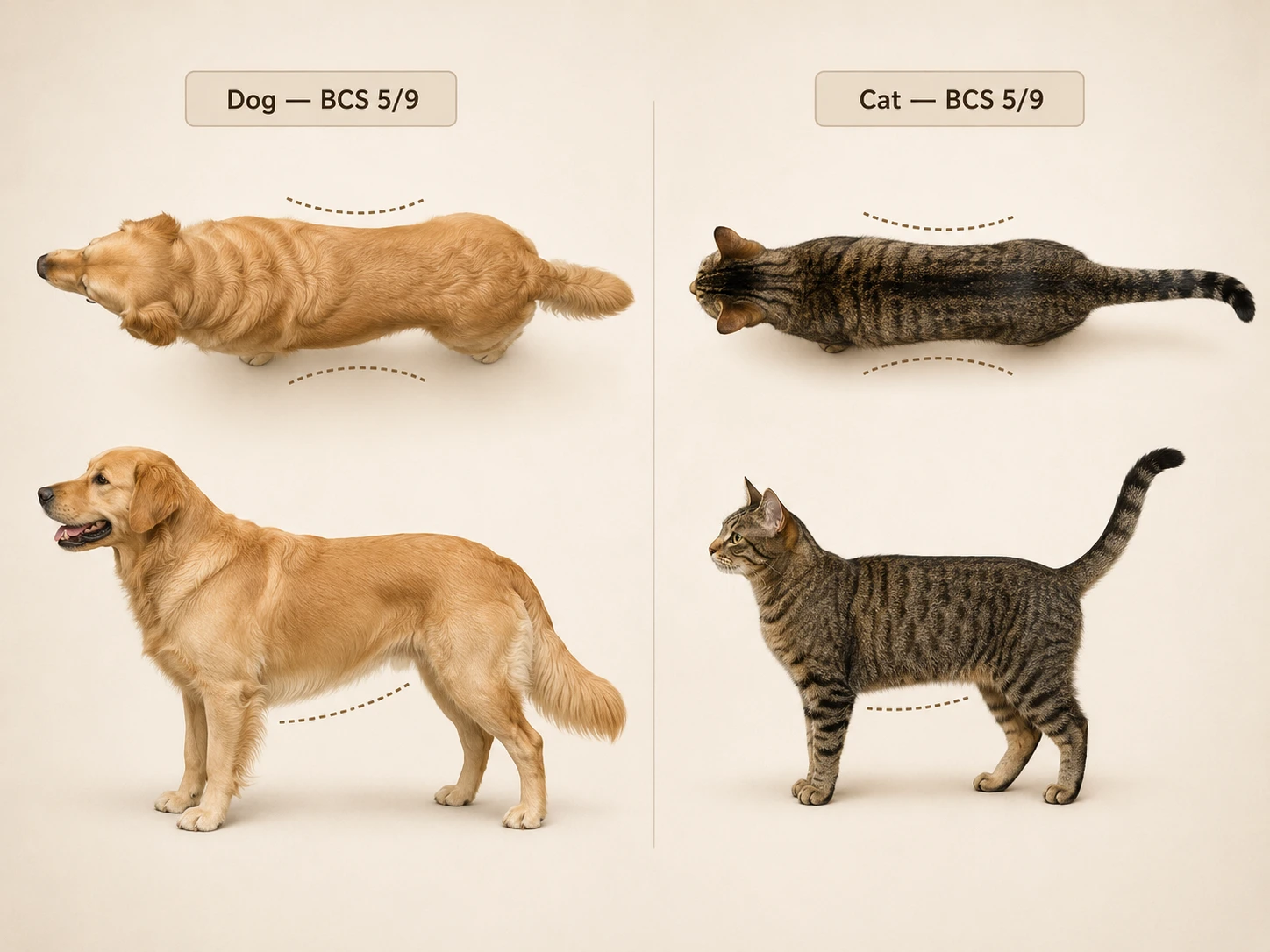 Illustrations of a dog and a cat showing ideal body condition with visible waist and abdominal tuck.