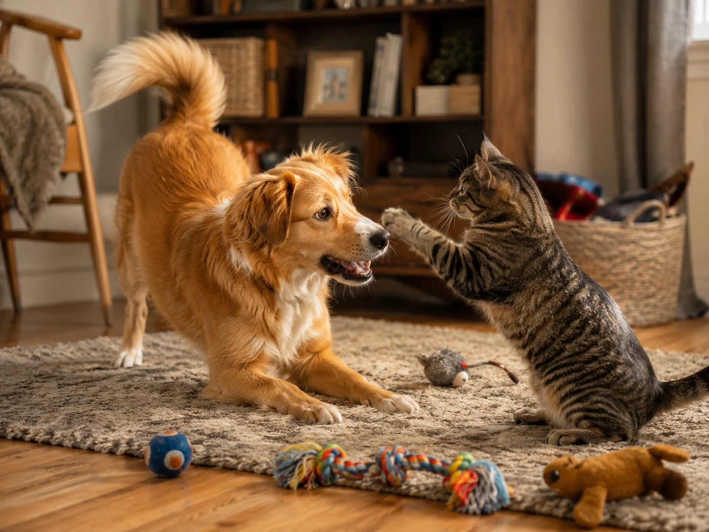 A dog and cat playing with toys, emphasizing the importance of exercise.