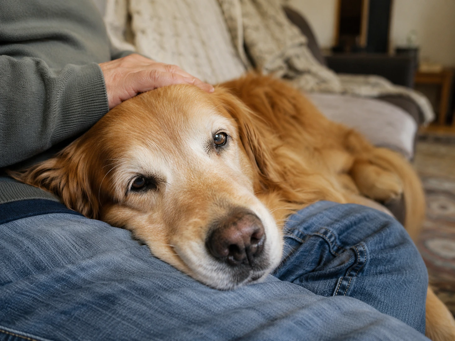 A senior golden retriever rests its head on its owner's hand, conveying the bond and the pet's aging process.