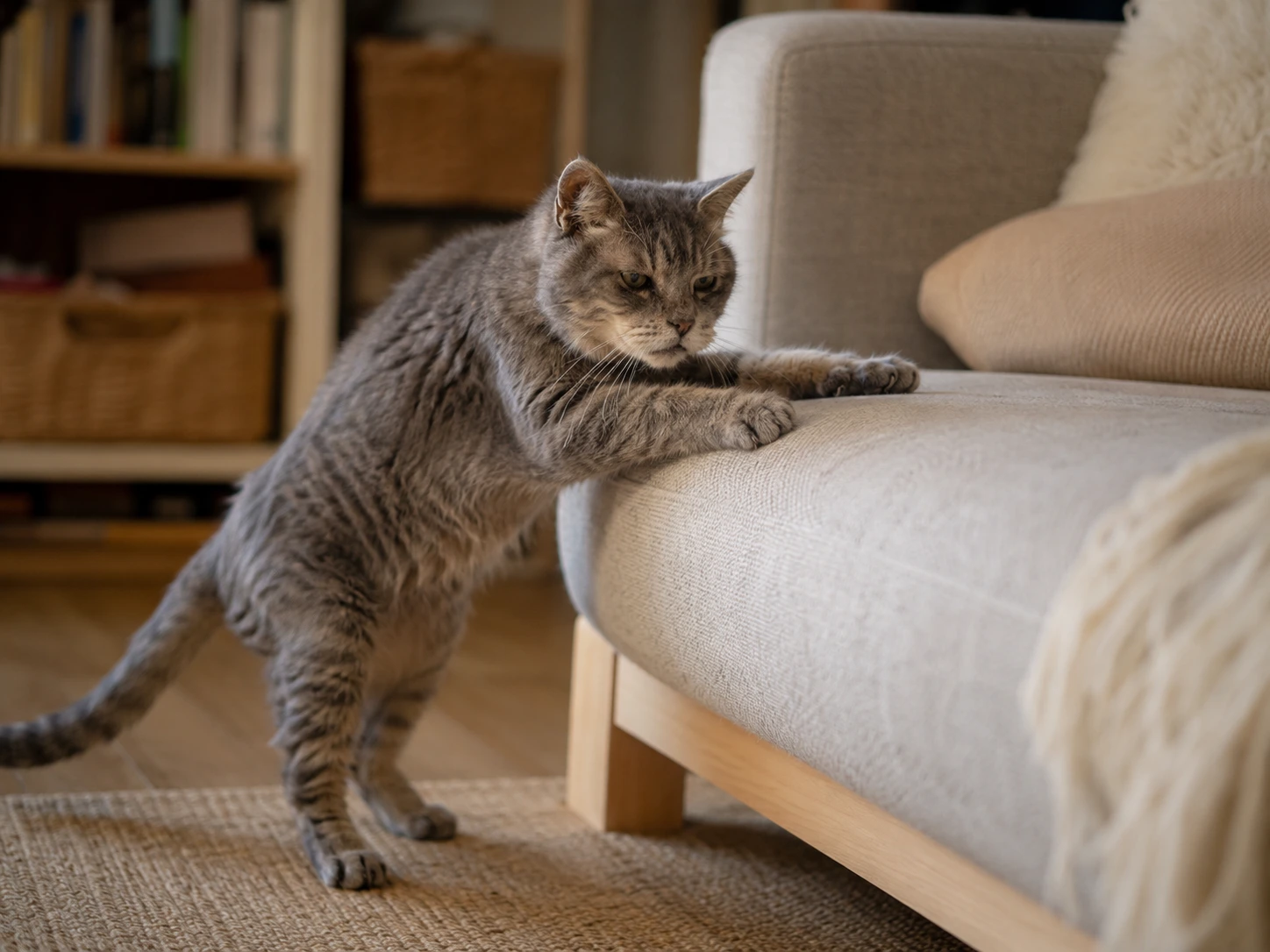 A senior cat hesitates before jumping onto a sofa, showing signs of stiffness.