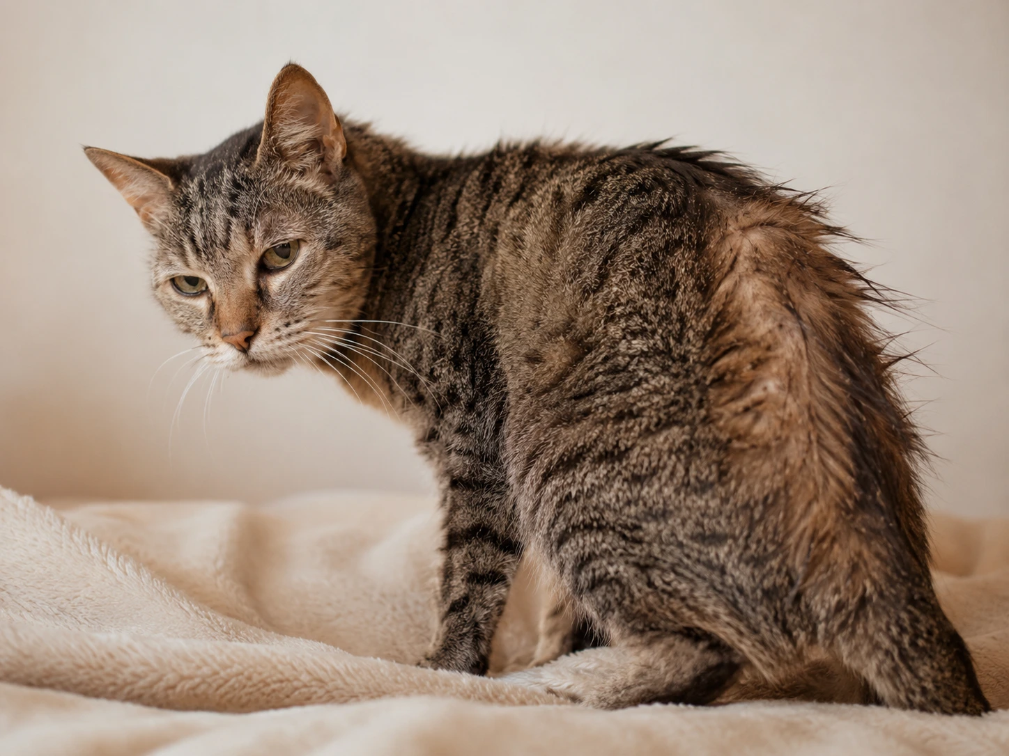 A senior cat with a slightly hunched posture, indicative of discomfort or pain.