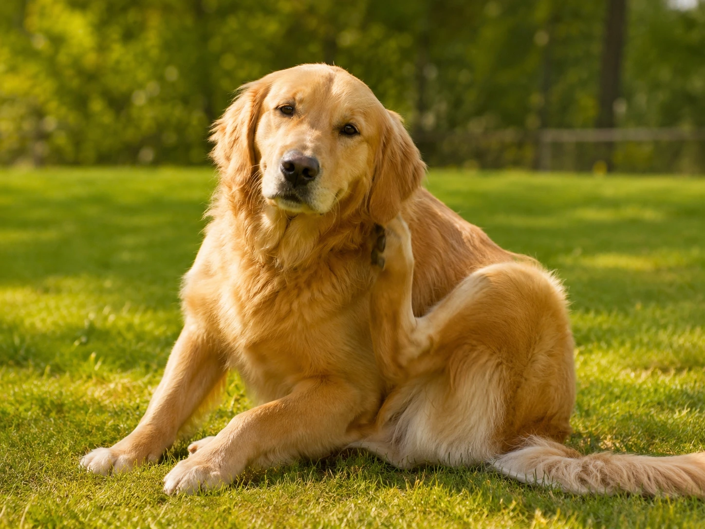 A happy golden retriever scratching gently behind its ear with its hind leg, looking slightly itchy but content.