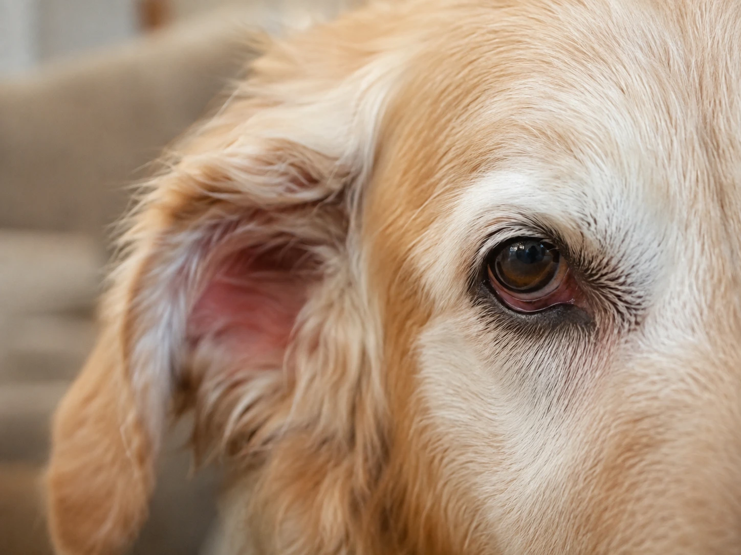 Close-up of a dog's head, showing slight redness around the eye and inside the ear, indicative of irritation.