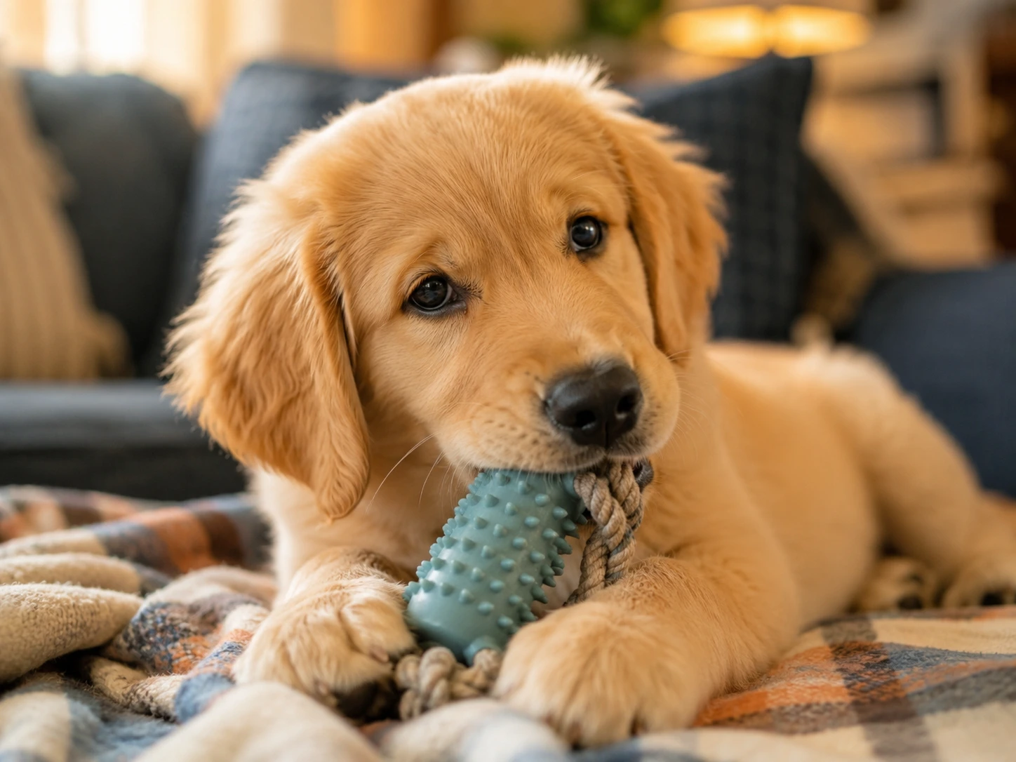 A happy golden retriever puppy gently holding a chew toy in its mouth, looking up at its owner with soft eyes.