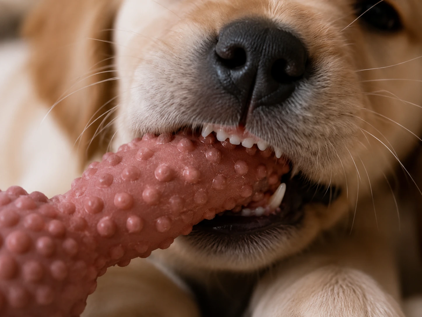 Close up of a puppy's mouth gently biting a teething toy