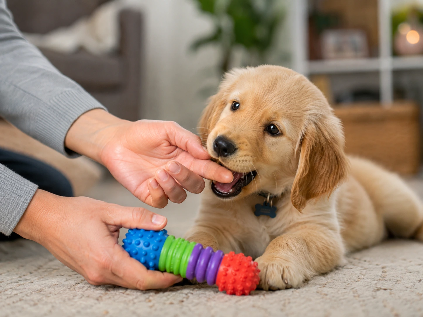 Human hand redirecting a puppy's bite from fingers to a chew toy