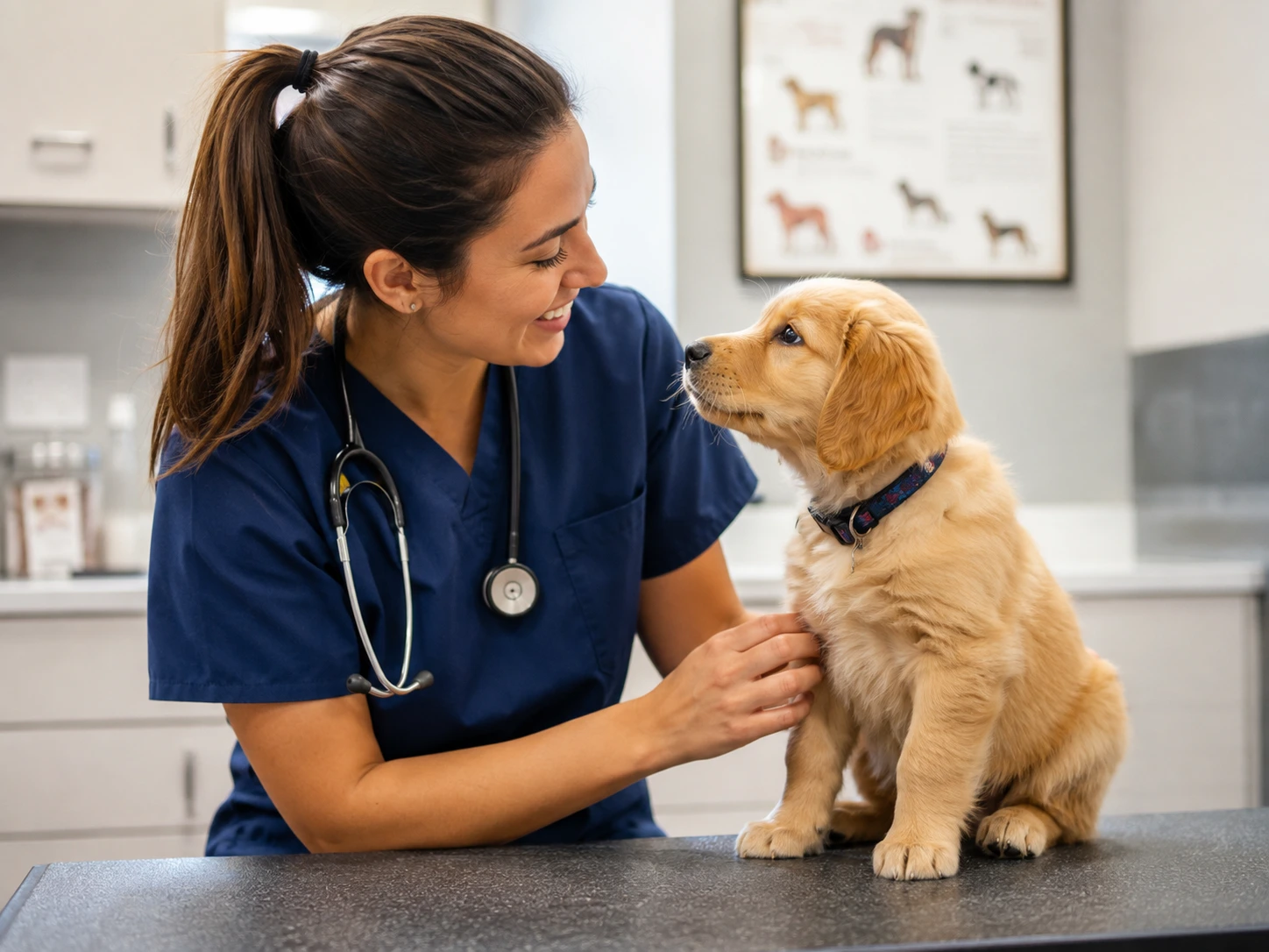 Veterinarian or dog trainer interacting positively with a puppy during a consultation