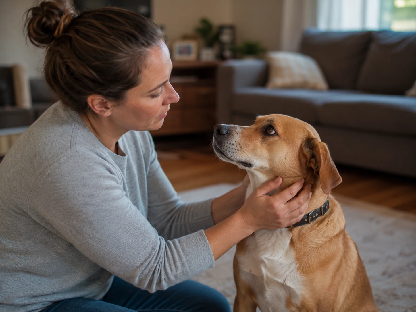 A concerned owner gently examining their dog's throat.