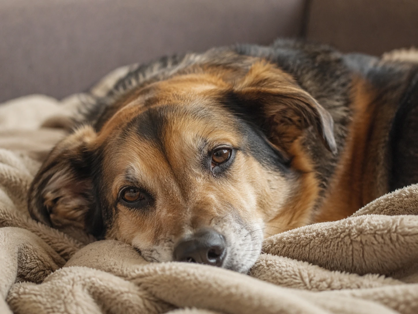 A dog resting on a blanket, appearing a little tired.