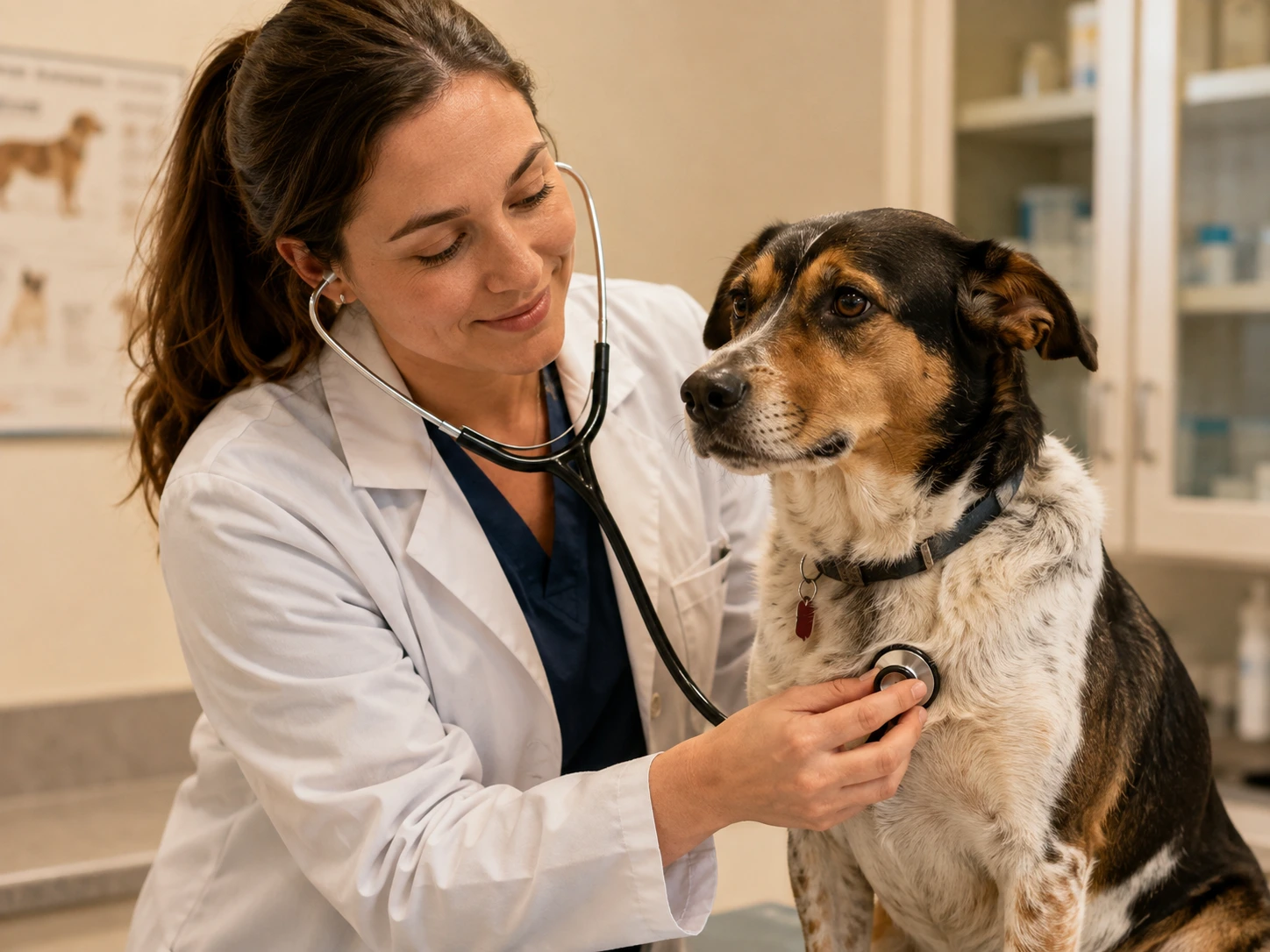 A veterinarian listening to a dog's chest with a stethoscope.