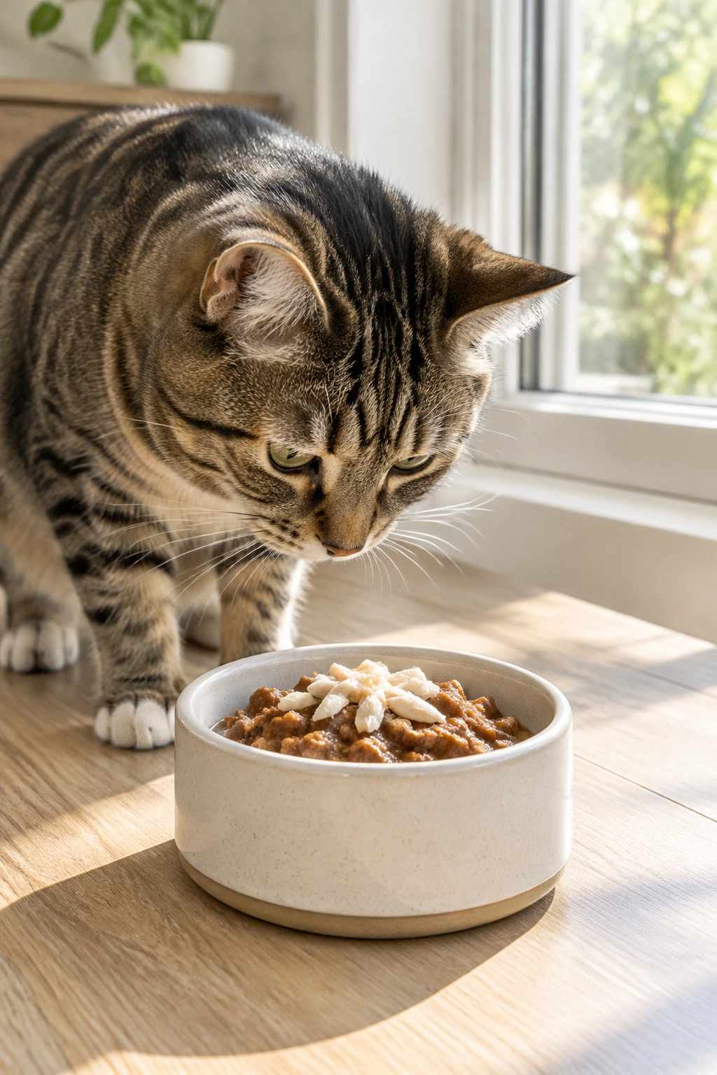 Tabby cat sniffing a bowl of wet cat food topped with a few pieces of plain cooked chicken in a bright home kitchen.