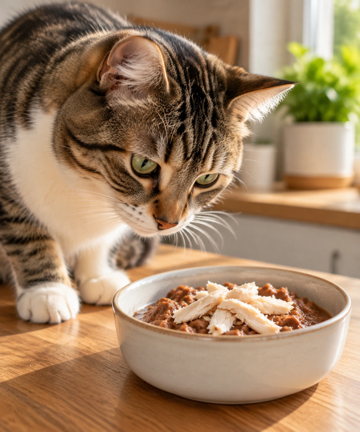 Plain shredded cooked chicken beside a bowl of regular cat food.